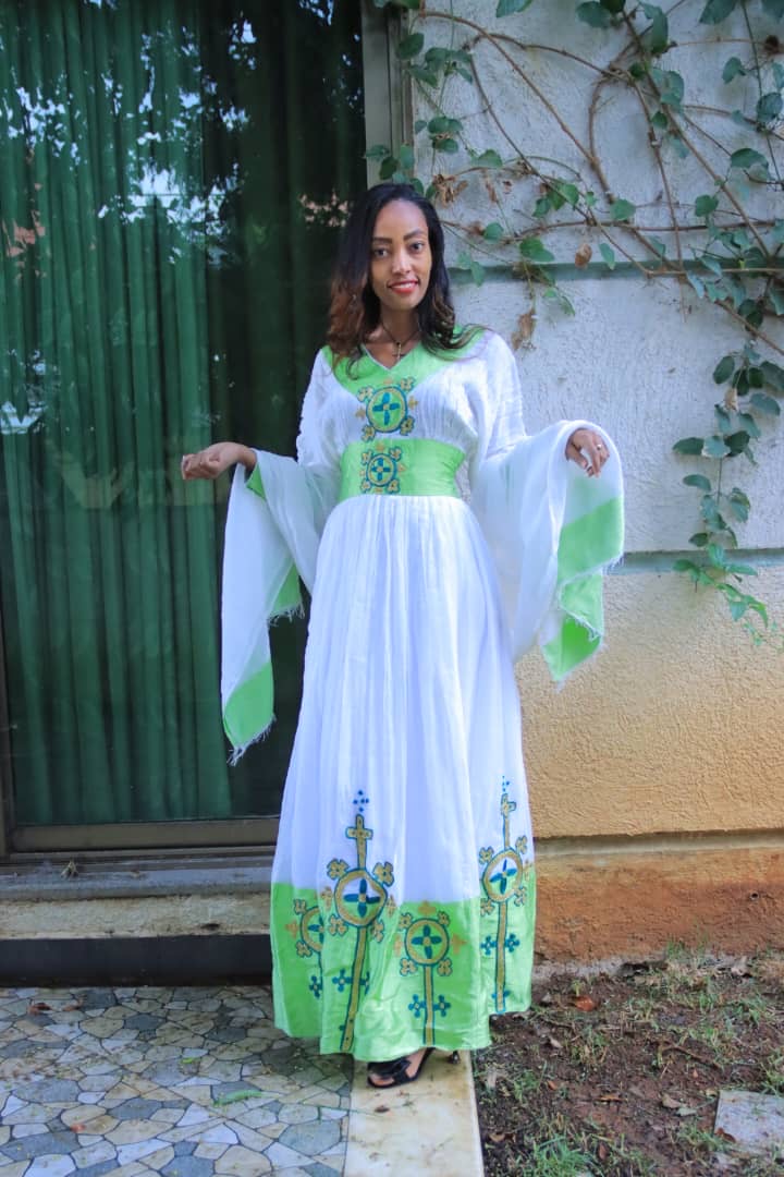 White Traditional Dress with Bright Green Cross Embroidery