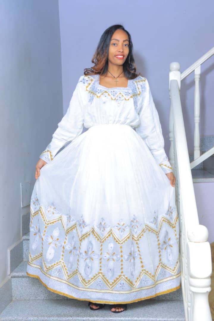 White Traditional Dress with Gold and Silver Floral Embroidery