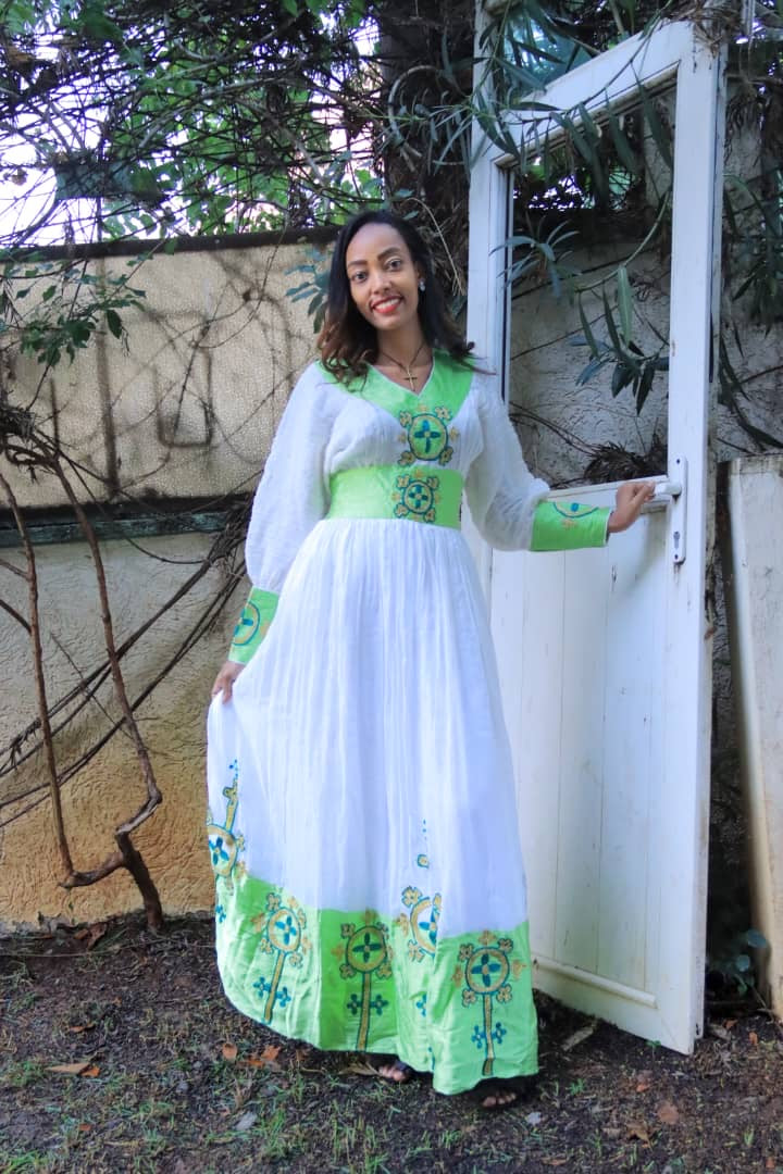 White Traditional Dress with Bright Green Cross Embroidery
