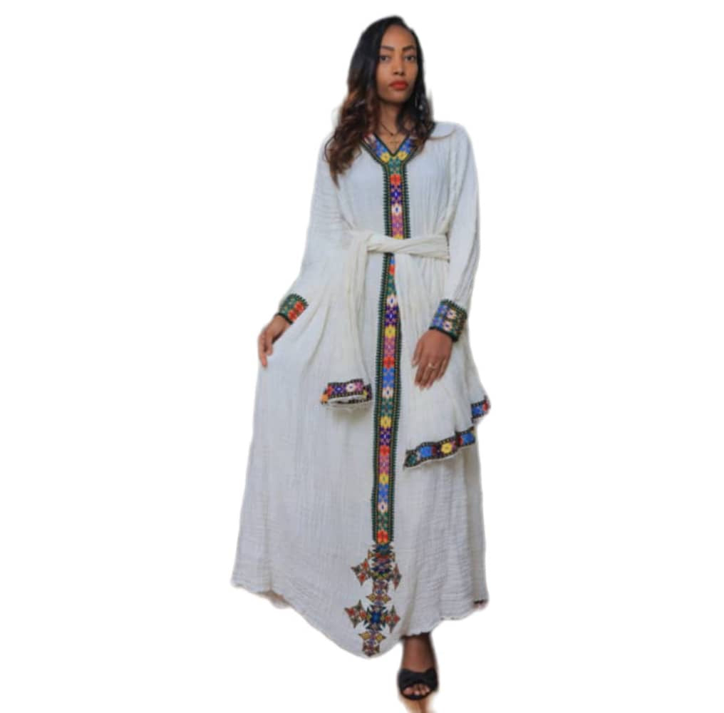 White Traditional Dress with Multicolor Embroidery