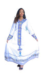 Traditional White Dress with Blue and Yellow Geometric Embroidery
