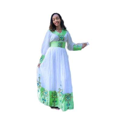 White Traditional Dress with Bright Green Cross Embroidery