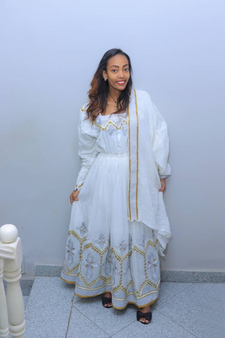 White Traditional Dress with Gold and Silver Floral Embroidery