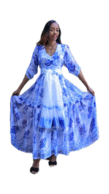 Blue Floral Chiffon with Sheer White Shawl Accent