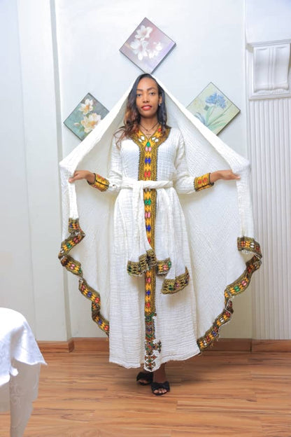 White Traditional Dress with Yellow and Green Embroidery
