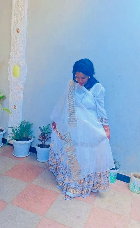 Ethiopian White Traditional Dress with Golden Accents