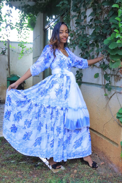 Blue Floral Chiffon with Sheer White Shawl Accent