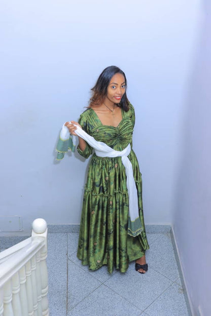 Green Silk Patterned Chiffon with Traditional Netela Accent