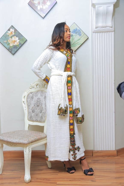 White Traditional Dress with Yellow and Green Embroidery