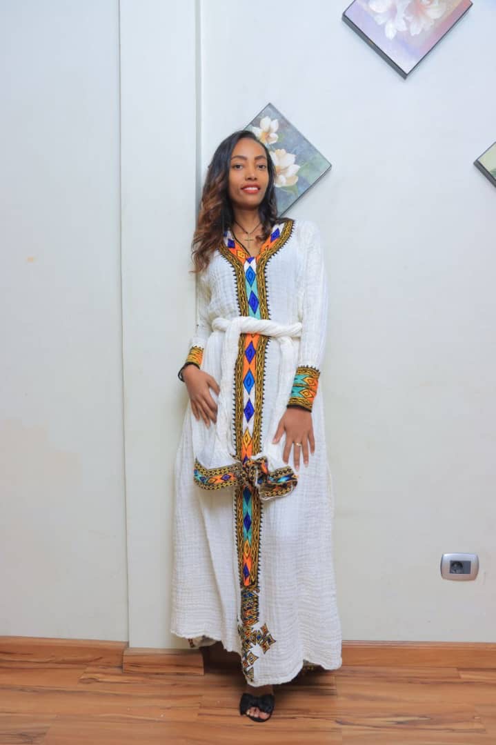 White Traditional Dress with Diamond-Patterned Orange and Blue Embroidery