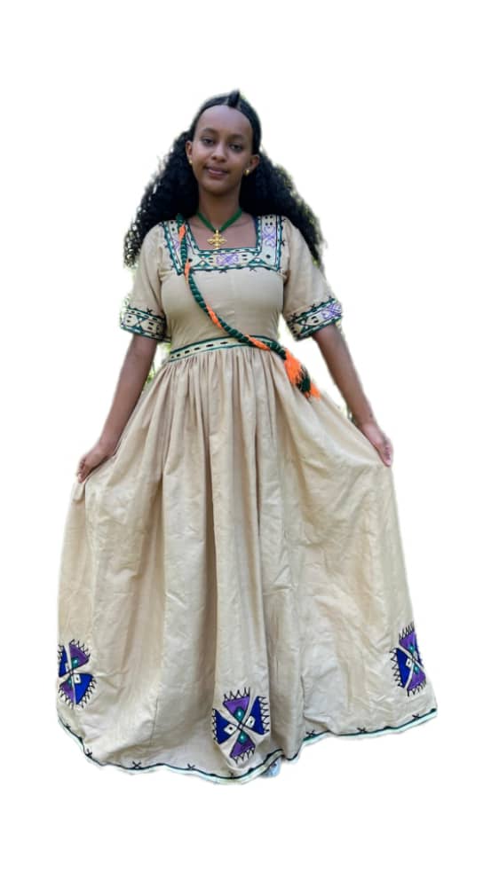 Traditional Dress in Beige with Purple and Green Cross Embroidery