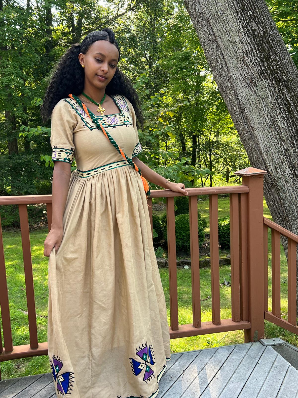 Traditional Dress in Beige with Purple and Green Cross Embroidery
