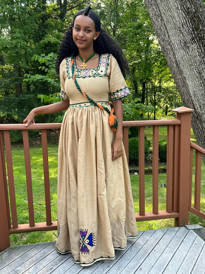 Traditional Dress in Beige with Purple and Green Cross Embroidery