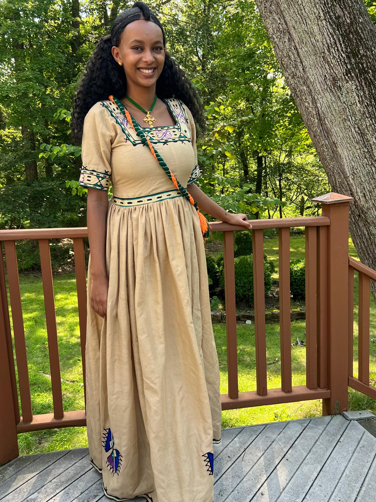 Traditional Dress in Beige with Purple and Green Cross Embroidery