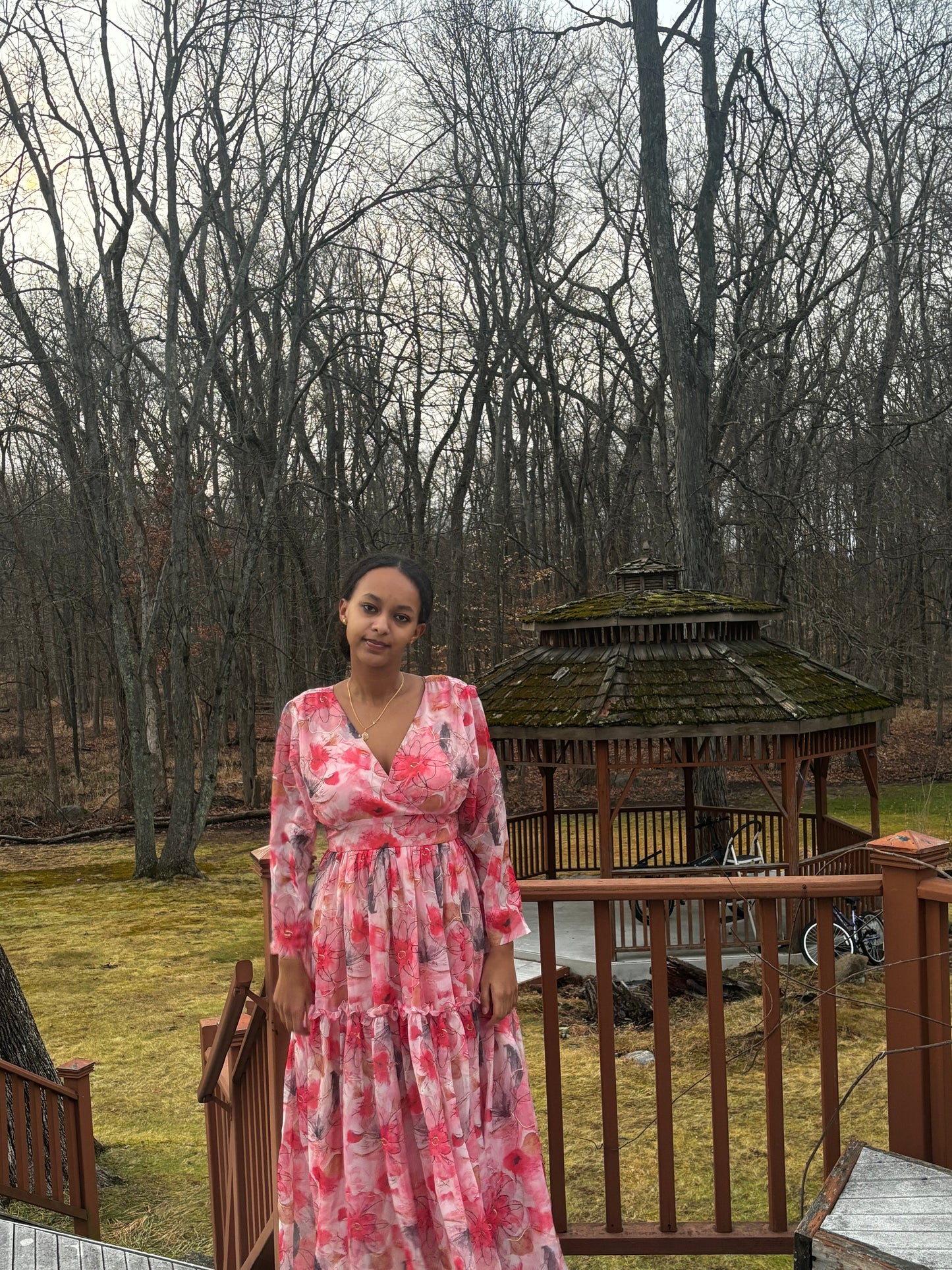 Flowy Pink Floral Maxi Dress with Ruffle Details