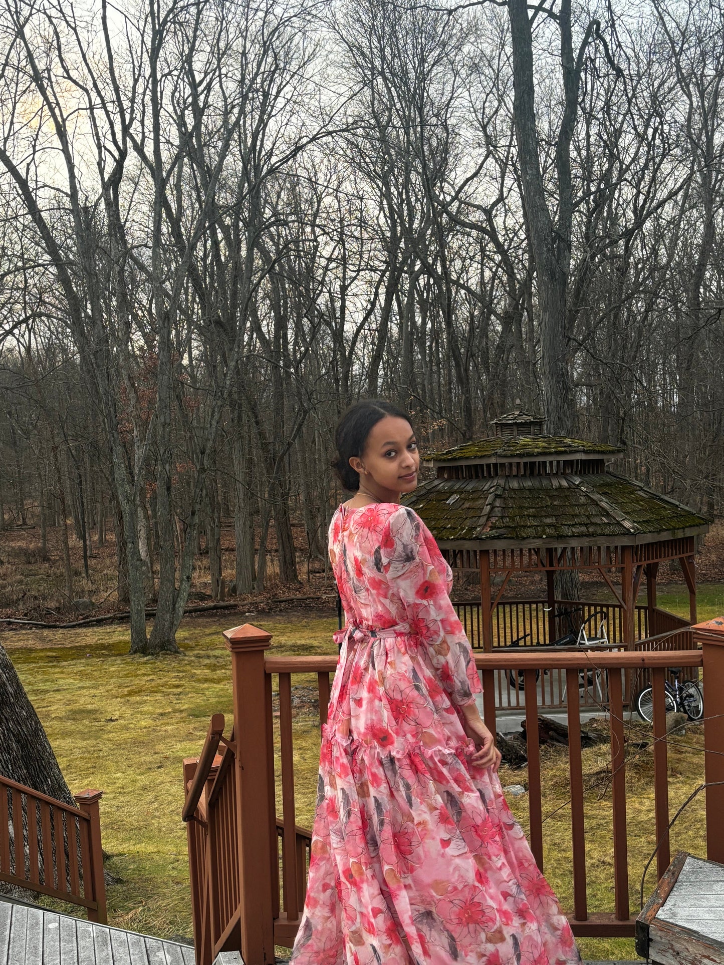 Flowy Pink Floral Maxi Dress with Ruffle Details