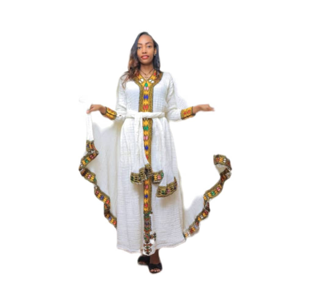 White Traditional Dress with Yellow and Green Embroidery