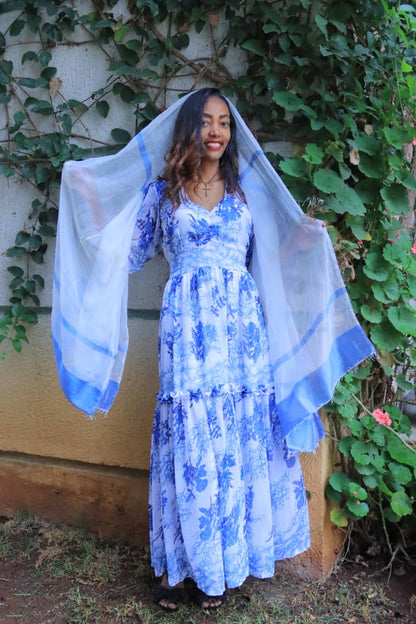 Blue Floral Chiffon with Sheer White Shawl Accent