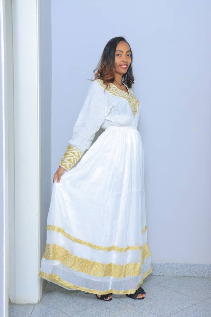 Traditional White Dress with Gold Embroidered Accents
