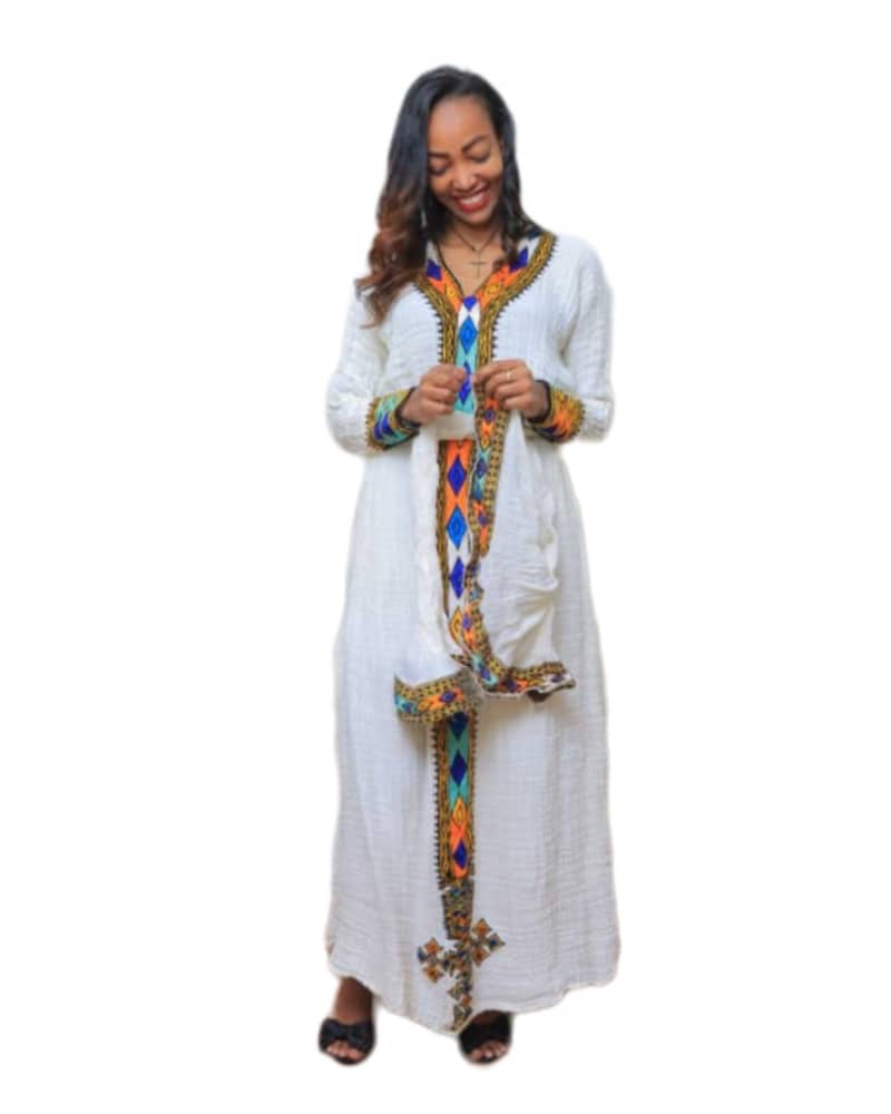 White Traditional Dress with Diamond-Patterned Orange and Blue Embroidery