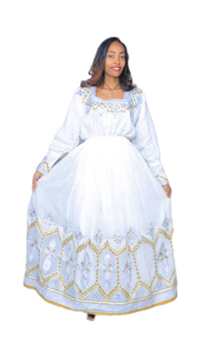 White Traditional Dress with Gold and Silver Floral Embroidery