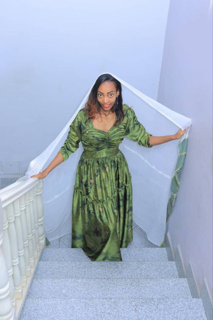 Green Silk Patterned Chiffon with Traditional Netela Accent